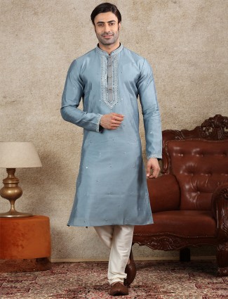 Silk blue full sleeve kurta suit