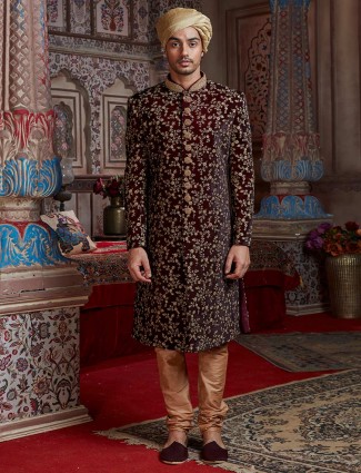 Silk maroon groom wear sherwani set