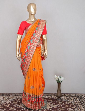 Silk orange wedding occasion saree for women