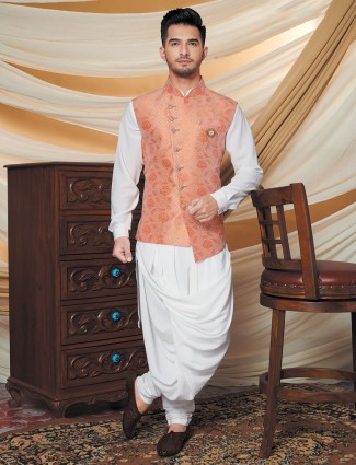 Silk waistcoat and churidar set in white and peach for party