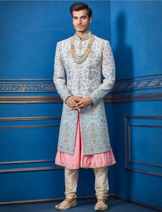 Sky blue and pink designer double layer sherwani