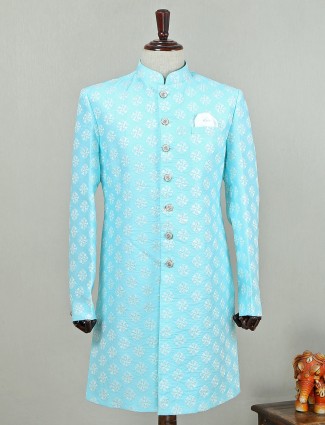 Sky blue designer silk indo western for wedding