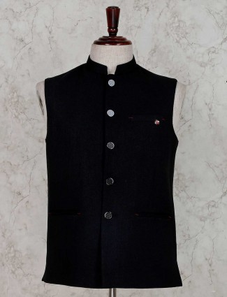 Solid black terry rayon party wear waistcoat