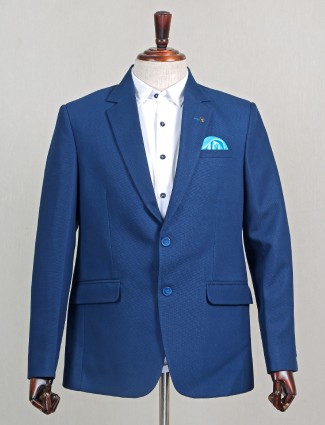 Solid blue terry rayon blazer for mens