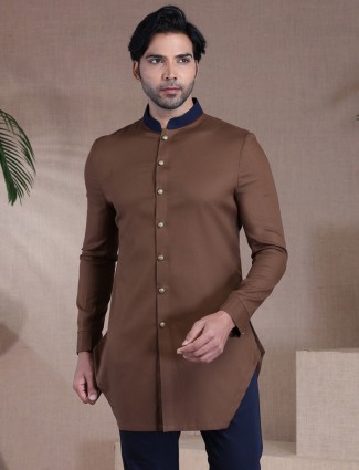 Solid brown only kurta in cotton for mens