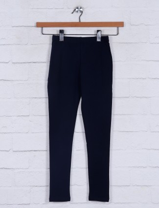 Solid navy cotton jeggings casual wear