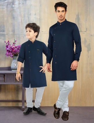 Solid navy hue cotton silk father son kurta suit