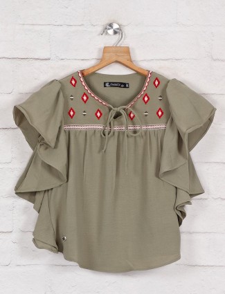 Solid olive cotton top with thread work