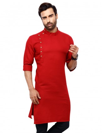Solid red mens kurta in cotton