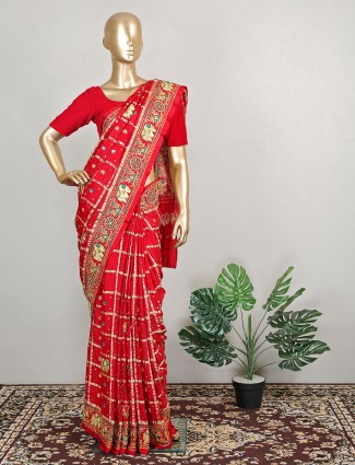 Stunning red wedding season bandhej silk saree