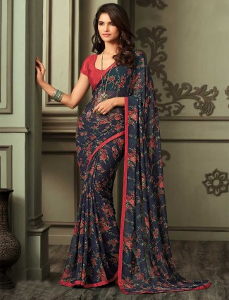 Stylish georgette saree in navy for festive