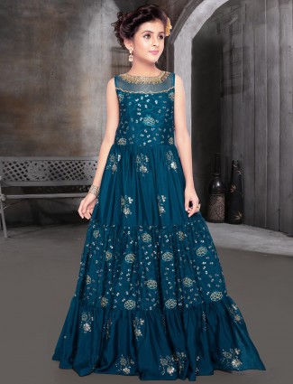 Teal blue raw silk gown for party functions