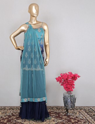Teal blue wonderful punjabi style cotton silk sharara set