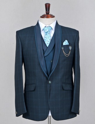 Teal green checks style terry rayon party wear coat suit