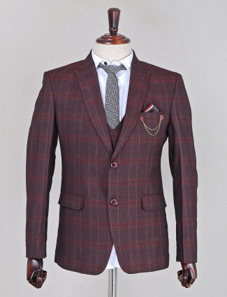 Terry rayon maroon checks coat suit for mens