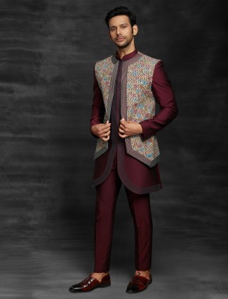 Terry rayon maroon jacket style mens indo western