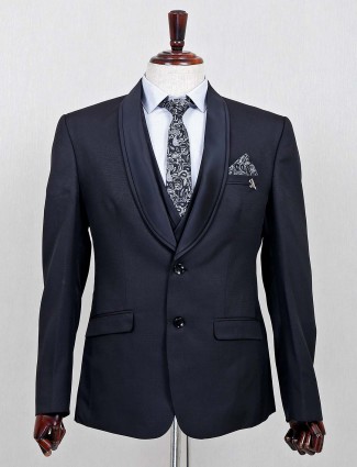 Terry rayon solid black three piece coat suit for mens