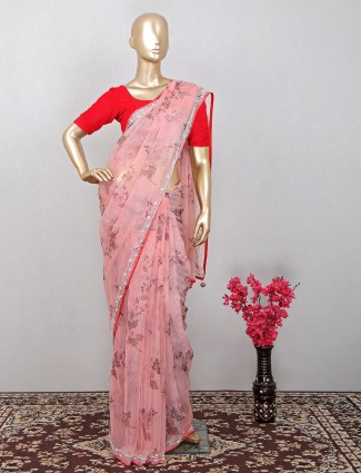 Tissue silk saree for wedding functions in pearl peach