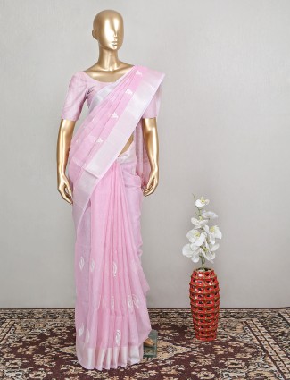 Trendy blush pink cotton saree for wedding ceremonies