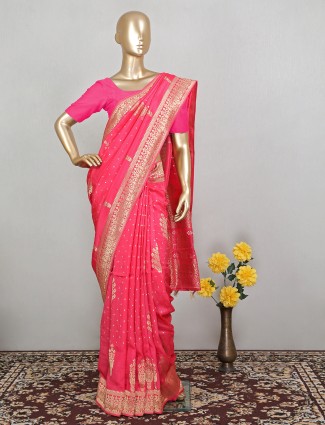 Trendy hot pink dola silk saree for wedding seasons
