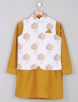 Trendy mustard yellow silk waistcoat set for boys