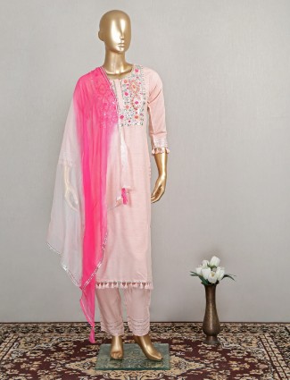 Trendy peach cotton silk festive wear salwar suit