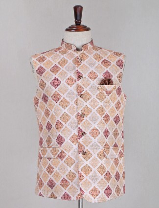 Trendy peach printed cotton silk waistcoat set