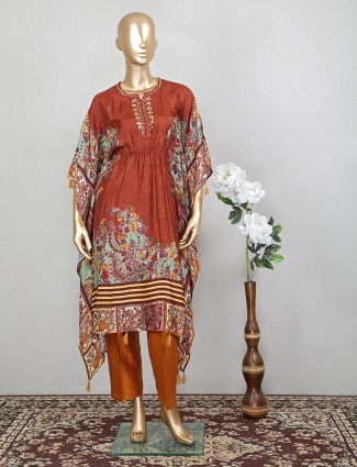 Trendy rust orange cotton punjabi kaftan pant set for women