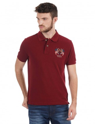 U S Polo Assn maroon cotton solid t-shirt