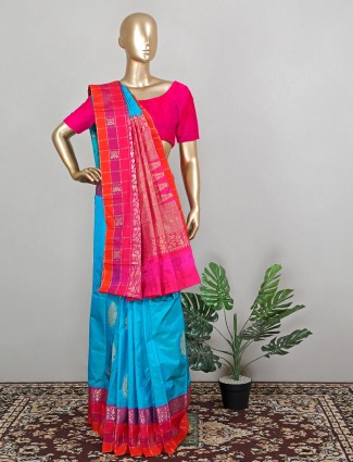 Wedding wear aqua silk sari for women