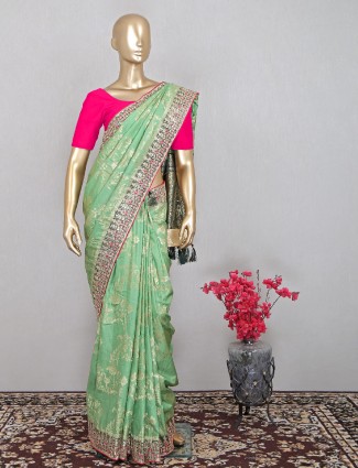 Wedding event green semi silk saree for women