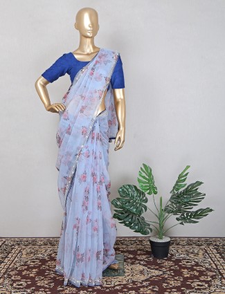 Wedding printed ceremonies pearl blue fantastic tissue silk saree