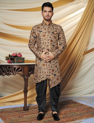 Wedding wear brown printed cotton silk indo western