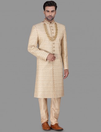 Wedding wear gold sherwani in raw silk