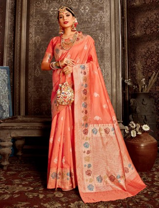Wedding wear handloom banarasi silk saree in peach