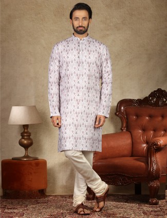 White and ciolet printed festive occsaion kurta suit