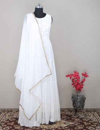 White designer georgette anarkali suit for women