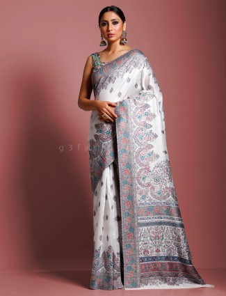 White kashmiri pashmina silk designer saree