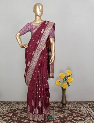 Wine maroon extravagant dola silk saree for wedding look