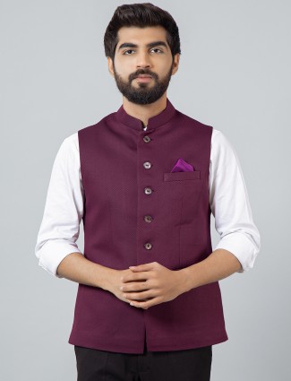 Wine purple hue cotton silk solid waistcoat for men