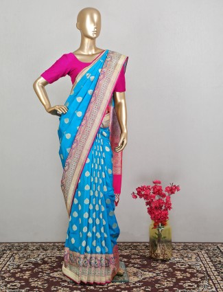 Wonderful designer banarasi silk saree for wedding in turquoise blue