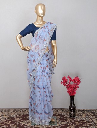 Wonderful designer tissue silk saree for wedding in pearl blue