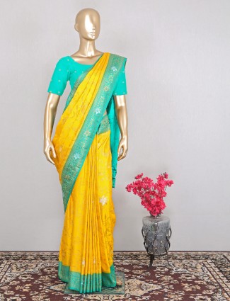 Yellow colored designer cotton silk saree