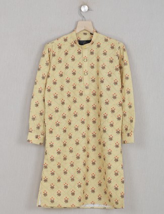 Yellow cotton printed kurta suit for boys