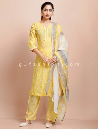 Yellow cotton printed punjabi suit