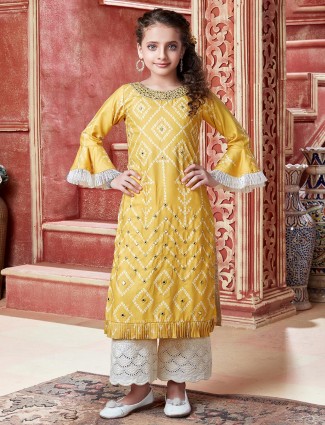 Yellow Crepe silk party wear palazzo suit
