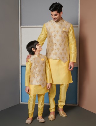 Yellow raw silk waistcoat set for father and son