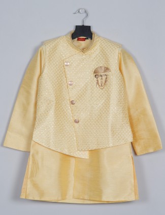 Yellow silk designer waistcoat set for boys