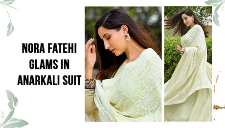 Nora Fatehi in a Green Chikhankari Anarkali Suit at Bhuj Film Promotion