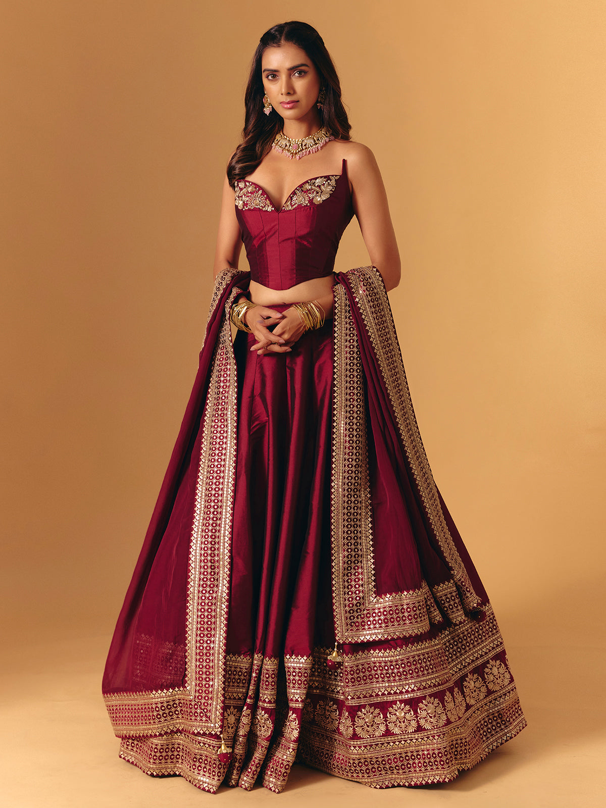 Maroon silk designer zardosi worked lehenga choli